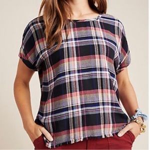Anthropologie Cloth & Stone Mallory Plaid Short Sleeve Back Button Blouse-Medium